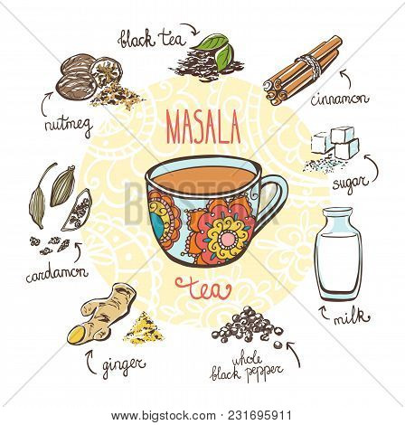 Vector Illustration With Traditional Indian Hot Drink Masala Tea. Hand Drawn Ornate Cup And Doodle I