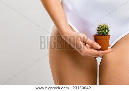 Depilation In The Bikini Zone. A Woman Holding A Cactus In Her Hand