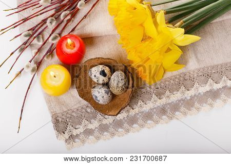 Easter Background With Easter Eggs, Pussy-willow And Yellow Spring Flowers Daffodils. Top View With 