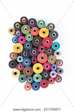 Set Of Coloured Thread Coils On White Background, Sewing And Tailoring