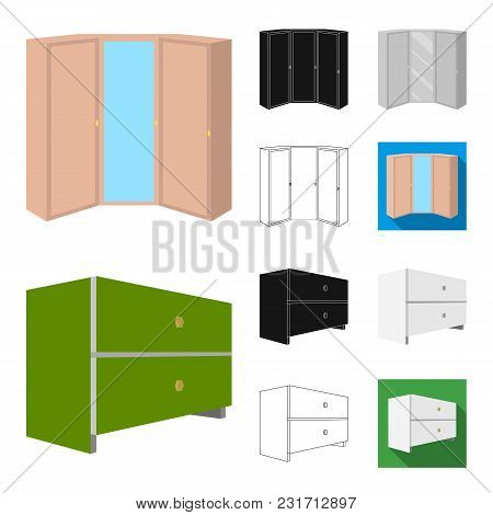 Bedroom Furniture Cartoon, Black, Flat, Monochrome, Outline Icons In Set Collection For Design. Mode