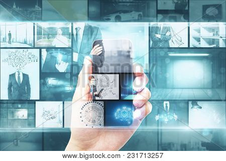 Creative Digital Photo Gallery Background. Businessman Hand Holding Smartphone With Hologram. Double