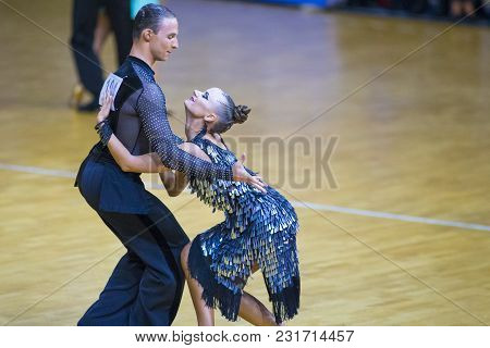 Minsk-belarus, March 11, 2018: Dance Couple Of Ivan Boykov And Dariya Prokopenko Performs Adult Lati