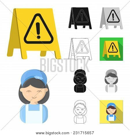 Cleaning And Maid Cartoon, Black, Flat, Monochrome, Outline Icons In Set Collection For Design. Equi