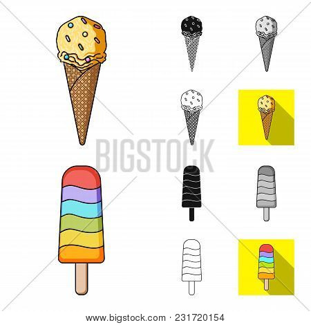 Different Ice Cream Cartoon, Black, Flat, Monochrome, Outline Icons In Set Collection For Design. De