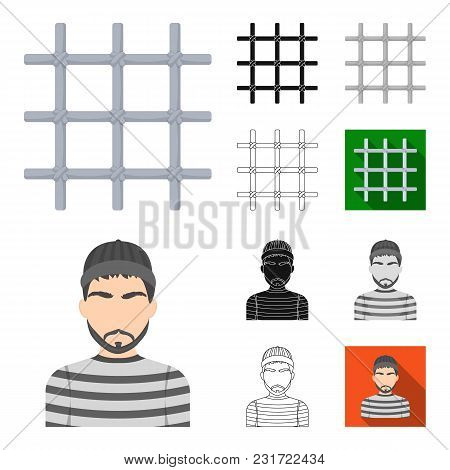 Prison And The Criminalcartoon, Black, Flat, Monochrome, Outline Icons In Set Collection For Design.