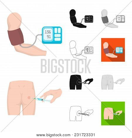 Medicine And Treatment Cartoon, Black, Flat, Monochrome, Outline Icons In Set Collection For Design.