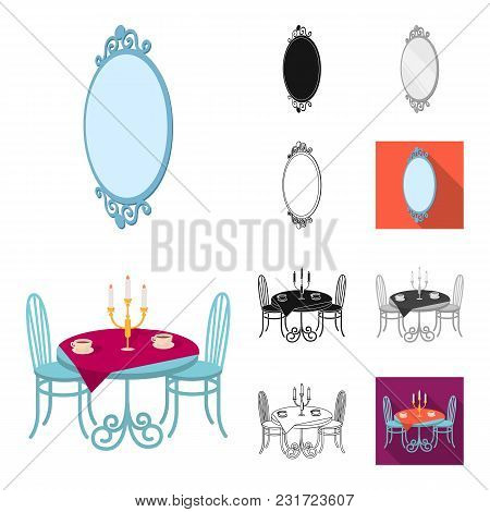 Furniture And Interior Cartoon, Black, Flat, Monochrome, Outline Icons In Set Collection For Design.