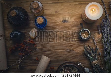 Magic Potion. Alternative Herbal Medicine. Shaman Table With Copy Space. Druidism Concept. Witch Doc