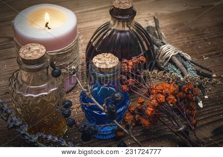 Magic Potion. Alternative Herbal Medicine. Shaman Table With Copy Space. Druidism Concept. Witch Doc