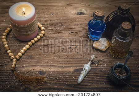 Magic Potion. Alternative Herbal Medicine. Shaman Table With Copy Space. Druidism Concept. Witch Doc