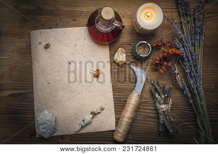 Magic Potion Ancient Recipe Scroll With Copy Space. Alternative Herbal Medicine. Shaman Table With C