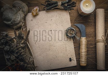 Magic Potion Ancient Recipe Scroll With Copy Space. Alternative Herbal Medicine. Shaman Table With C