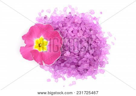 Violet Sea Salt With Flover Isolated On White Background. Top View. Flat Lay.