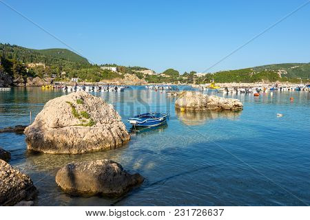 Alipa Beach In Paleokastritsa Bay With Sand And Crystal Sea Water. Corfu Island, Greece.