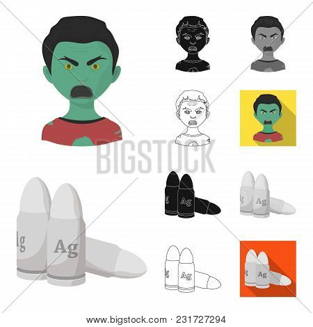 Zombies And Attributes Cartoon, Black, Flat, Monochrome, Outline Icons In Set Collection For Design.