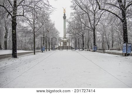 Munich , Germany - February 17 2018 : The Angel Of Peace On The Top Of Friedensengel Monument In Mun