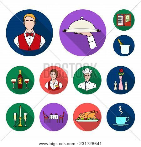 Restaurant And Bar Flat Icons In Set Collection For Design. Pleasure, Food And Alcohol Vector Symbol