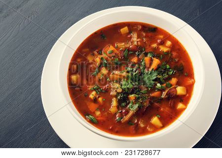 Tomato Soup With Red Beans, Potato And Carrot. Vegan Diet. European Cuisine. Vegetarian Dish. Main C