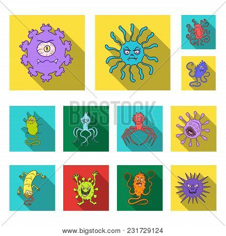 Types Of Funny Microbes Flat Icons In Set Collection For Design. Microbes Pathogenic Vector Symbol S