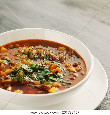 Tomato Soup With Red Beans, Potato And Carrot. Vegan Diet. European Cuisine. Vegetarian Dish. Main C