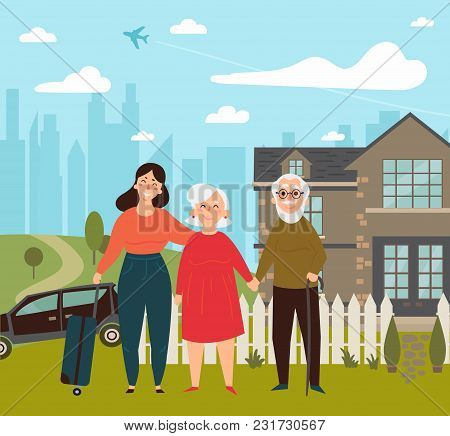 Daughter Came On Her Weekend To Her Elder Parents. Grandfather, Grandmother Couple And Their Daughte