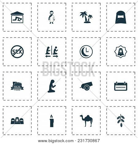 Holiday Icons Set With Palms, Mubarak, Bomb And Other Time  Elements. Isolated  Illustration Holiday