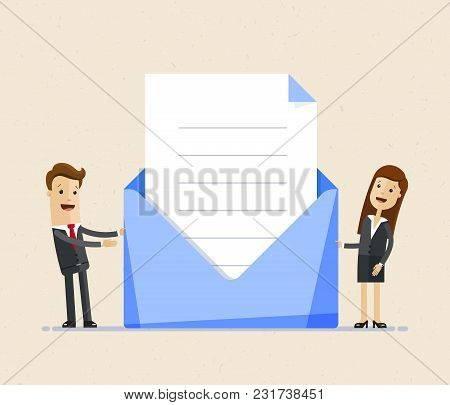 Bsiness Man And Business Woman Standing With Big Envelop And Letter, Invintation. Post Letter, Deliv