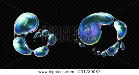 Set Of Realistic Transparent Colorful Soap Bubbles In The Deformation. Water Spheres With Air, Soapy