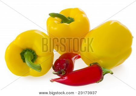 Three Fresh Yellow Bell Pepper  And Glass Chilli Peppers Isolated On White Background