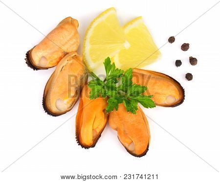 Mussel With Parsley Leaf Peppercorns And Lemon Isolated On White Background.