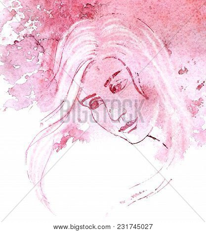 Artistic Portrait Of Beautiful Woman. Watercolor Painting With Purple Watersplash.