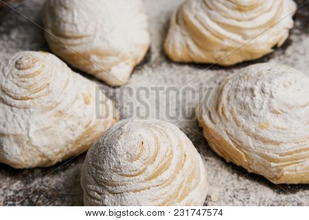 Badambura Powdered Pastry On Novruz Tray. Azerbaijan Traditional Pastry Cookie Badambura On Rustic T