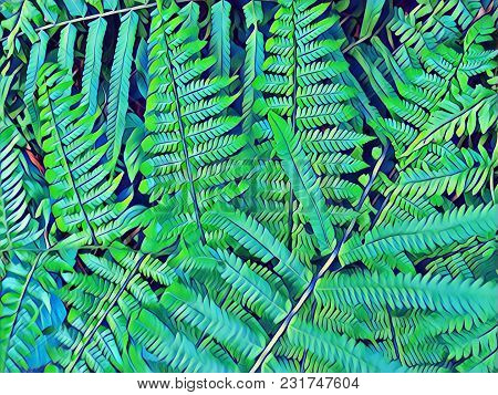 Fern Leaf Blue Toned Digital Illustration. Fresh Green Tropical Leaf. Floral Wedding Background. Sum