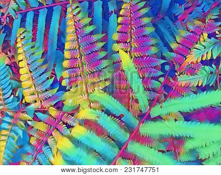 Fern Leaf Fantastic Digital Illustration. Neon Colored Fern Leaf. Floral Wedding Background. Summer 