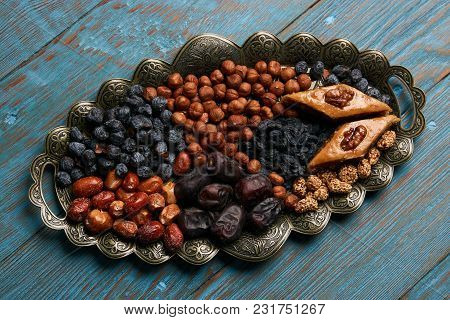 Traditional Pakhlava Baklava Pastry On Novruz Tray With Dry Fruits Snack. Azerbaijan National Novruz