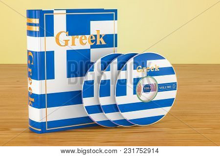 Greek Language Textbook With Flag Of Greece And Cd Discs On The Wooden Table. 3d Rendering
