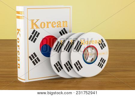 Korean Language Textbook With Flag Of South Korea And Cd Discs On The Wooden Table. 3d Rendering