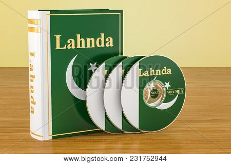 Lahnda Book With Flag Of Pakistan And Cd Discs On The Wooden Table. 3d Rendering