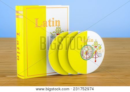Latin Language Textbook With Cd Discs On The Wooden Table. 3d Rendering