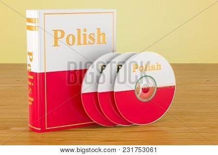 Polish Language Textbook With Flag Of Poland And Cd Discs On The Wooden Table. 3d Rendering