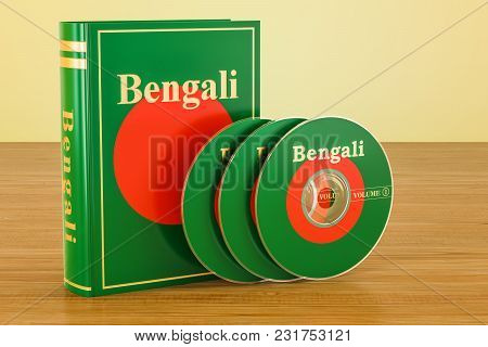Bengali Book With Cd Discs On The Wooden Table. 3d Rendering