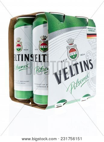 Winneconne, Wi - 10 March 2018: A Four Pack Of Veltins Pilsener Beer On An Isolated Background.