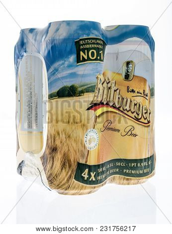 Winneconne, Wi - 10 March 2018: A Four Pack Of Bitburger Beer On An Isolated Background.