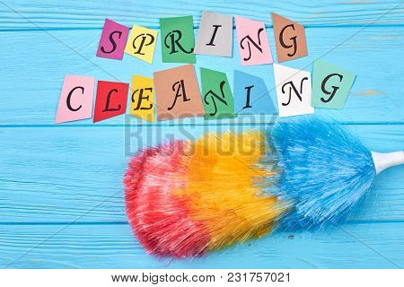 Broom For Cleaning On Colorful Background. Multicolored Fluffy Duster For Cleaning House And Colorfu