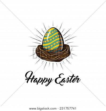 Cute Easter Greeting Card, Bird Nest And Color Eggs In Beams. Vector Design.