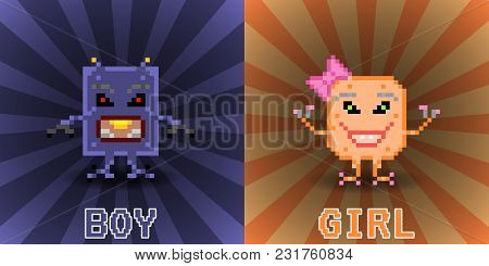 Pixel Monster With Big Eye On White Background, Vector Illustration