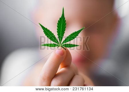 Smiling Kid Child Holding A Hemp Leaf. Concepts Of Using Marihuna For Medicinal Purposes For Childre