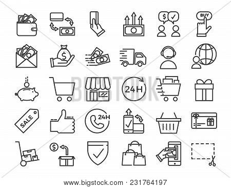 Online Business, Ecommerce, Shop, Market Thin Line Icons. Vector Design Illustration Set With Signs 