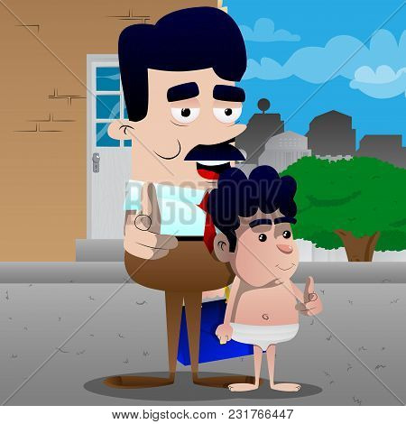Happy Smiling Successful Businessman And Father Pointing At The Viewer With His Hand With His Son. V